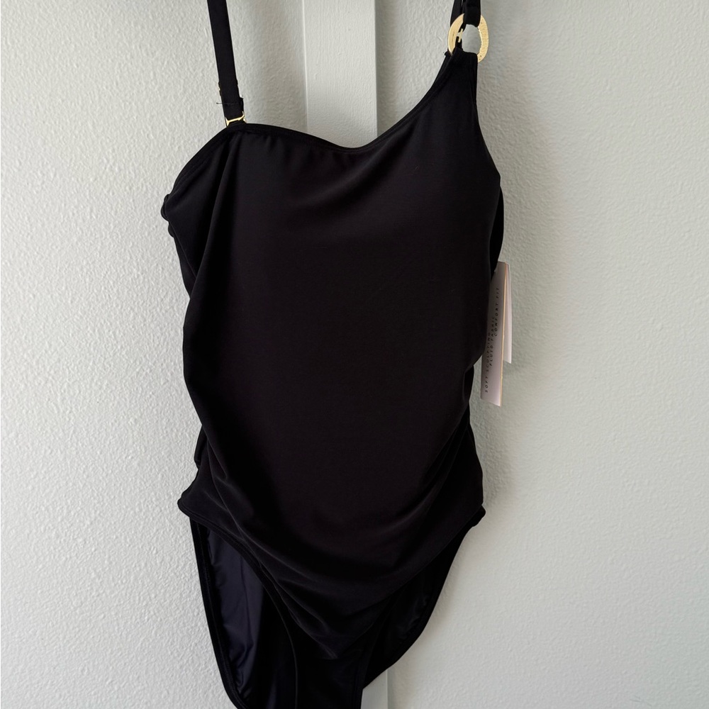 Asymmetric One-Shoulder Black Swimsuit with Gold Ring Detail
